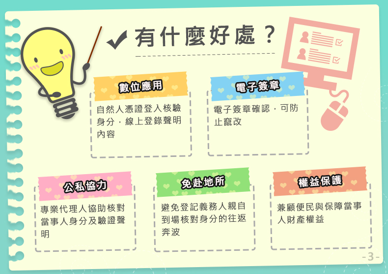 【轉知】內政部地政司宣導「土地登記當事人無法親自到場免申請印鑑證明之替代措施」照片
