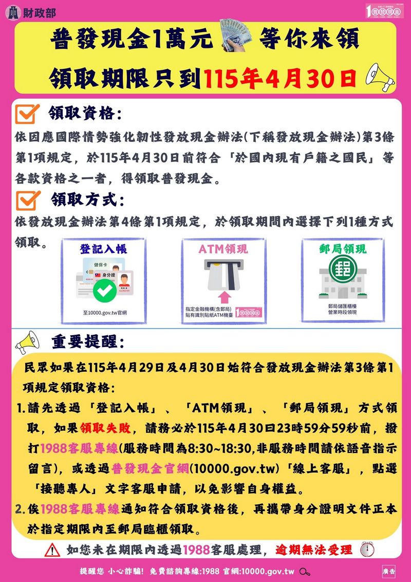普發現金1萬元等你來領s.jpg 【轉知】財政部「全民+1 政府相挺」普發現金💰新臺幣1萬元💰領取期限至4月30日❤️照片